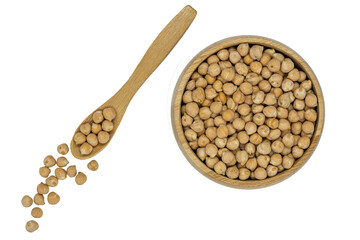 chickpeas in wooden bowl and spoon isolated on white
