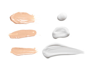 White cream and foundation texture swoosh swatch sample cosmetics isolated on white background