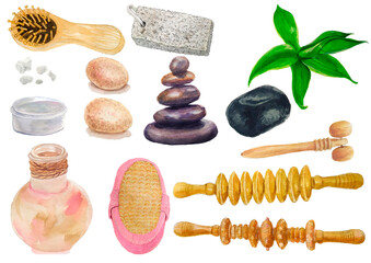 Accessories for SPA procedures. Watercolor illustrations are suitable for a website or printed products for a spa salon