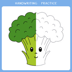 Handwriting practice sheet. Simple educational game for kids. Cute broccoli for coloring book