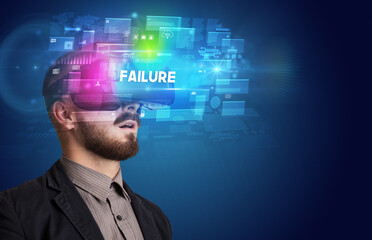 Businessman looking through Virtual Reality glasses with FAILURE inscription, innovative security concept