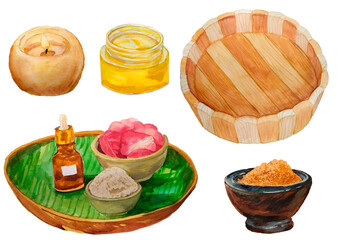 Accessories for SPA procedures. Watercolor illustrations for a spa salon relis 3