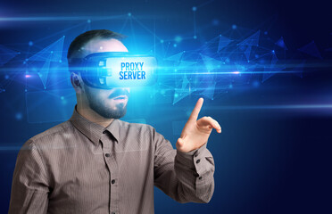 Businessman looking through Virtual Reality glasses with PROXY SERVER inscription, cyber security concept