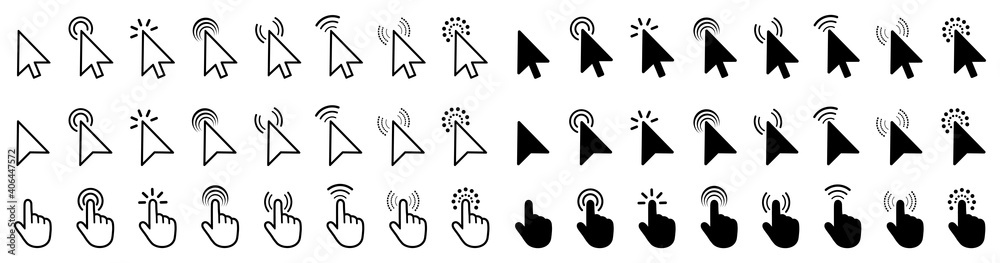 Aufkleber Set of flat cursor icons in hand and arrow form. Mouse click cursor set. Arrow and hand pointer – stock vector