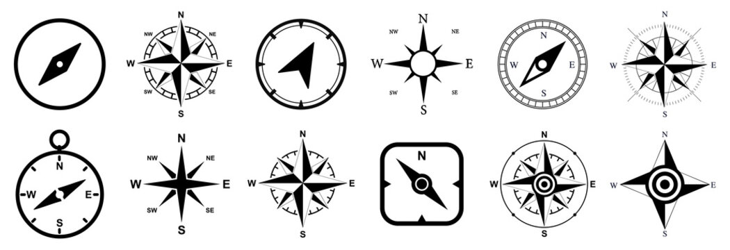 Compass set icons, navigation equipment sign, wind rose icon, compass symbol collection – vector
