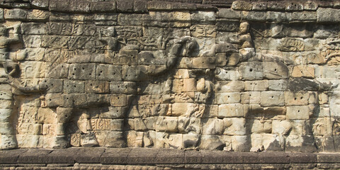 Façade decorated with elephants and their riders, Terrace of the Elephants, Angkor Thom, Siem Reap, Cambodia, UNESCO World Heritage Site