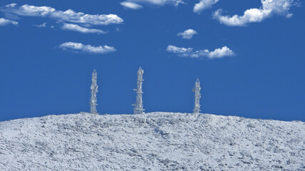 Zoom photo of snow covered mountain of Penteli, Athens, Attica, Greece