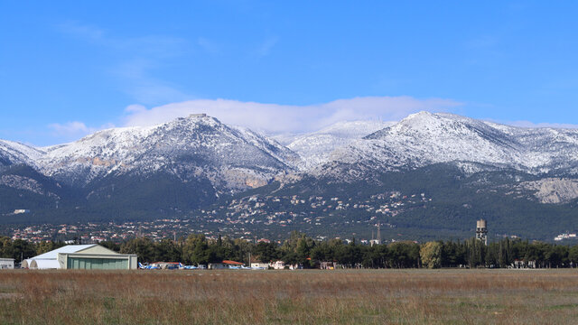 Zoom photo of beautiful mountain of Parnitha covered in snow, Athens, Attica, Greece