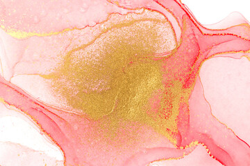 Alcohol ink red and gold abstract stains background.