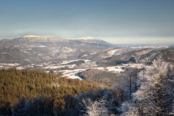 View of Mt Babia Góra (in the center) and Mt Pilsko (left) from Wielka Rycerzowa during winter, Żywiec Beskids, Western Carpathians, Poland
