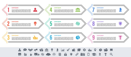 Infographic design business concept vector illustration with 9 steps or options or processes represent work flow or diagram or web button banner