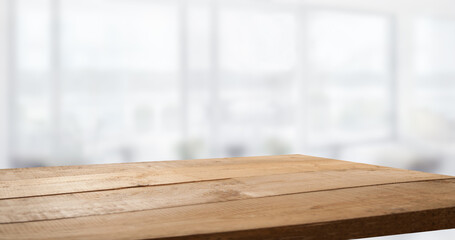 empty wooden table on background of abstract blur white interior, montage, product display, inside and window..