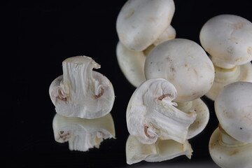 Mushrooms champignon white on black mirror background