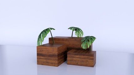 Minimal luxury brown fine wooden box podium and green leaves on white. 3d rendering