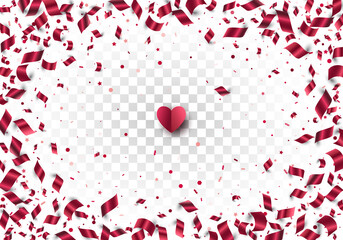 Red foil paper confetti isolated on transparent background. Festive vector border. Layered