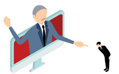 モニターの中から身を乗り出して怒る上司と謝る部下、アイソメトリック