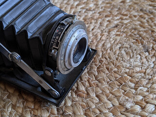 Ibiza Town, Ibiza, Spain - January 14, 2021: Old camera retouching Vintage, detail of the lens of a very old camera