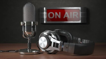 On the air. Old microphone and headphones with vintage signboard On air on the wooden table. Broadcasting radio station concept. 3d video animation