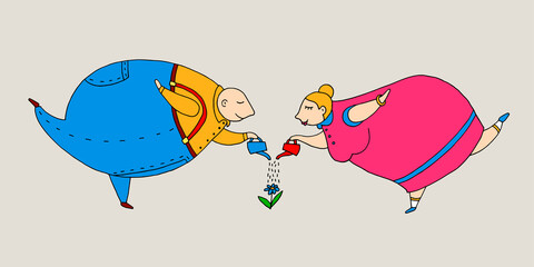 Overweight man and woman watering a flower from watering cans. Vector hand-drawn doodle illustration. Gardener. Body positive. Romance, relationships, harmony, feelings.