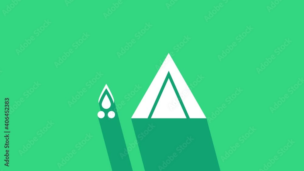 Poster White Tourist tent with wood fire icon isolated on green background. Camping symbol. 4K Video motion graphic animation.