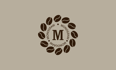 Coffee shop, vector logo on a light brown background. Creative vector sign, illustration of emblem with letter M. Minimalistic monogram on coffee background.