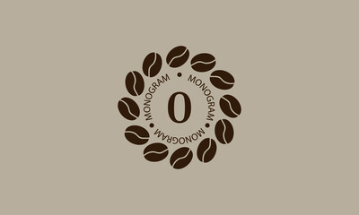 Coffee shop, vector logo on a light brown background. Creative vector sign, illustration of emblem with letter O. Minimalistic monogram on coffee background.