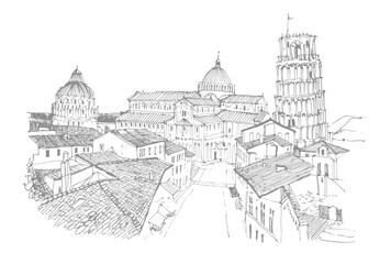 Liner sketches architecture of Italy Pisa, hand drawing sketch, graphic illustration. Urban sketch in black color isolated on white background. Hand drawn travel postcard. Travel sketch.