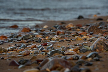 Russia. Republic of Karelia. Sandy and rocky shore in the North of Lake Onega near the city of Medvezhyegorsk.