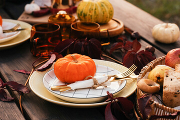 serving the festive table Halloween pumpkin autumn vintage wood table