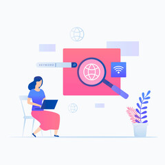 Flat illustration concept of woman browsing. Illustration for websites, landing pages, mobile applications, posters and banners.