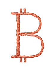 Bitcoin sign of copper wire insulated on white background Concept of BTC.  