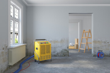 3d Illustration - leere, freie skandinavische Wohnung - Wasserschaden - Bautrockner - renovieren - sanieren - vorrichten - Versicherung - 406456117
