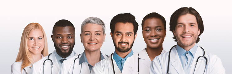 Diverse Professional Doctors Standing In Row On White Background, Collage