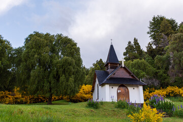 Virgen del Lago chapel during spring season at Los Alerces National Park during winter season in Esquel, Patagonia, Argentina