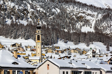 The reformed church in the village center of Samedan, Engadin, Switzerland