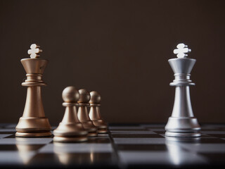 wood chess pieces on board game. brown vintage background