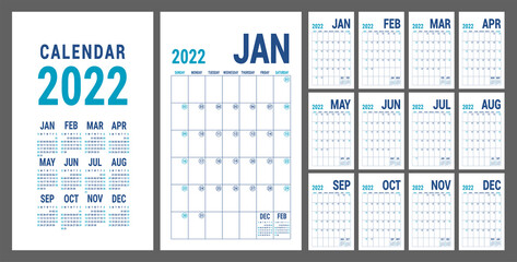 Planner 2022 year. English blue calendar template. Vector grid. Office business planning. Creative design