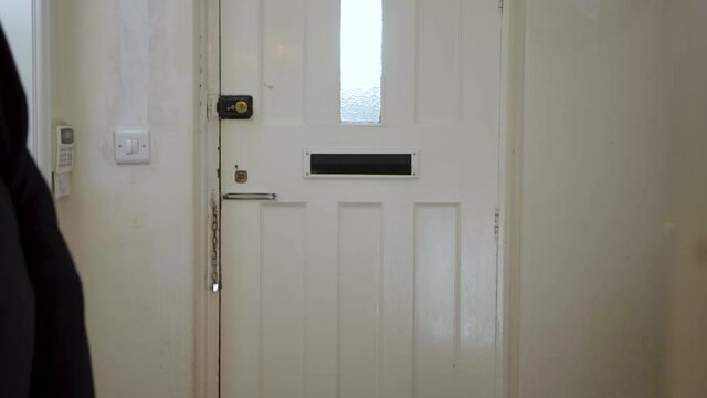 Mail Letter Being Delivered Through A Door Mounted Letterbox, Mailbox Opening. SLOW MOTION