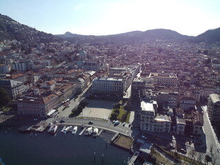 Aerial drone shot of historical harbor in the Venice city, Italy