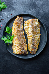 hake fresh fried fish seafood second course ready to eat portion on the table for healthy meal snack outdoor top view copy space for text food background image rustic diet pescetarian