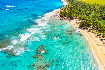 Tropical summer beach with coconut palm trees background. Aerial drone idyllic turquoise sea vacation background. Dominican Republic.