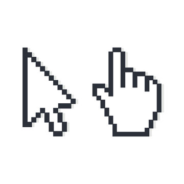 Pixelated Hand And Mouse Cursor. Vector.