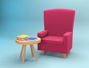 3d rendering armchair illustration with table and books on it. 3d illustration of armchair and table