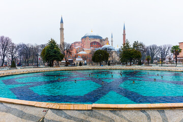 Snowy day in Sultanahmet Square and Hagia Sophia in Istanbul.