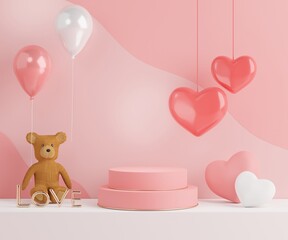 3d rendering of minimal scene of blank podium with Valentine's Day theme. Display stand for product presentation mock up. Cylinder stage in sweet lovely pink color with simple design.