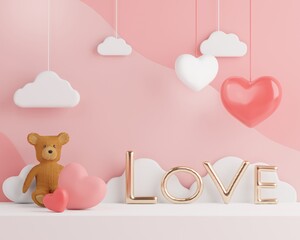 3d rendering of minimal scene of blank podium with Valentine's Day theme. Display stand for product presentation mock up. Cylinder stage in sweet lovely pink color with simple design.