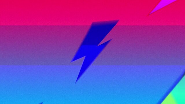 Colourful lightning bolts and triangles moving on purple background and setting and rising sun
