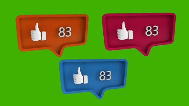 Animation of three orange, red and blue speech bubbles with thumbs up icons and numbers growing on g