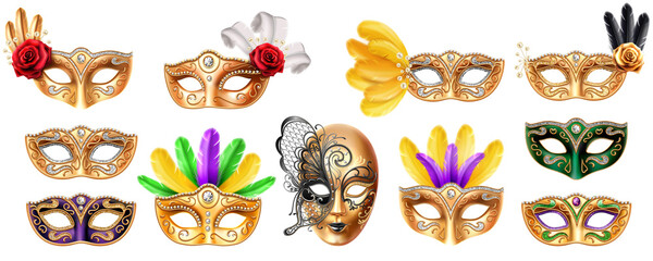 Set of isolated mask for Mardi Gras carnival. Colombina and volto masque for masquerade festival. Face and eyes disguise with diamond and feather, rose flower. Opera and theater costume element