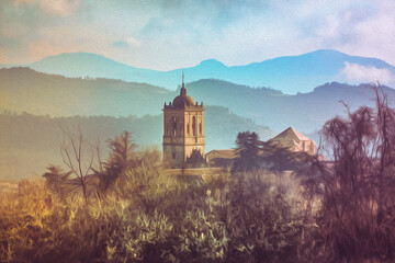 Morning View of the Monastry and Vineyard of Irache, Navarra, Spain in the Mountain Landscape...